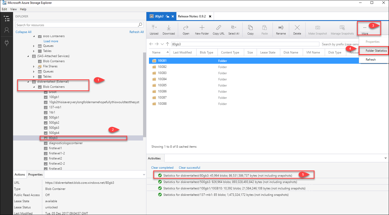 Azure Storage Explorer에서 Blob에 대한 폴더 통계를 보여 주는 스크린샷. Blob 컨테이너, Blob 및 폴더가 선택되었습니다. 폴더 통계 옵션과 통계 집합이 강조 표시됩니다.