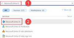 Azure Portal에서 위쪽 검색 창을 사용하여 Microsoft Entra ID 페이지를 검색하고 탐색하는 방법을 보여 주는 스크린샷