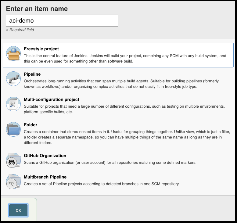 Box for the name of the build job, and list of project types