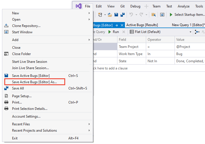 스크린샷, Visual Studio, 파일 메뉴, 쿼리 저장