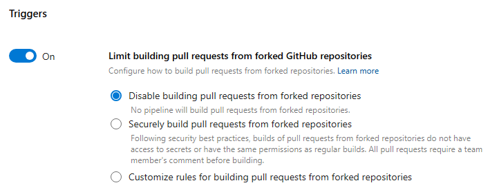 파이프라인이 분기된 GitHub 리포지토리에서 PR을 빌드하는 방법에 대한 중앙 집중식 컨트롤 설정의 스크린샷