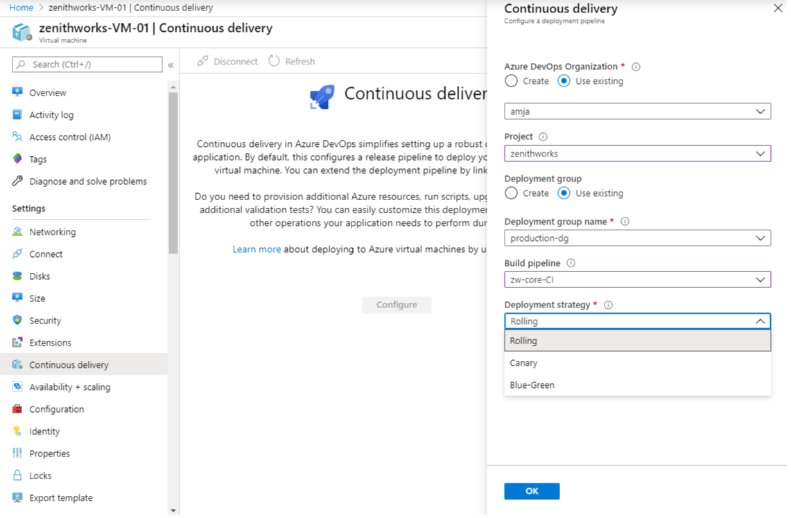 Configure Deployment Strategies from Azure portal.