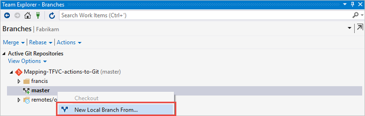 Visual Studio 팀 탐색기에서 새 분기 만들기