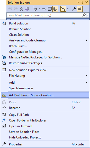 소스 제어에 솔루션을 추가하는 스크린샷