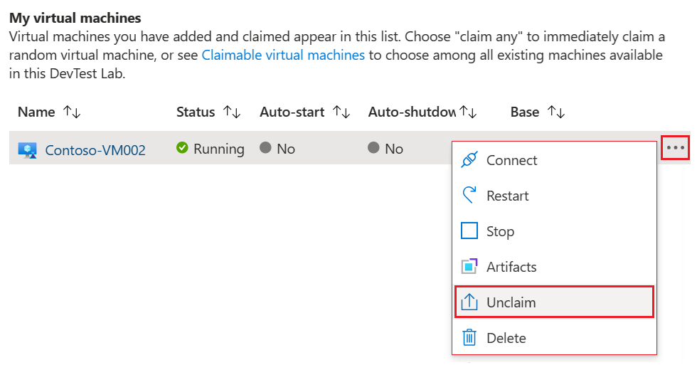 내 가상 머신 목록에서 VM을 클레임 해제하는 방법을 보여 주는 스크린샷