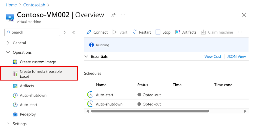 DevTest Labs의 랩에 있는 기존 VM에서 수식을 만드는 방법을 보여 주는 스크린샷