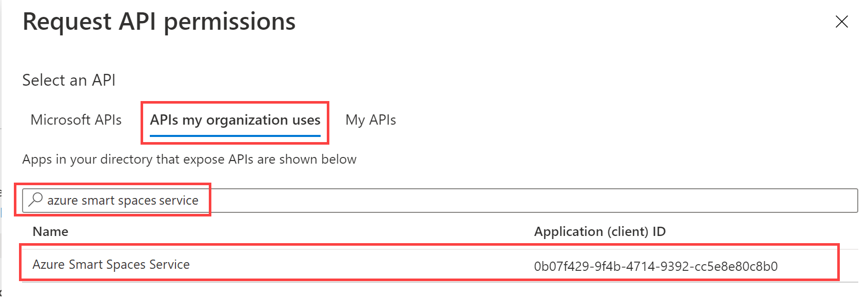 Azure Portal의 Azure 스마트 공간 서비스를 표시하는 'API 권한 요청' 페이지 검색 결과의 스크린샷.