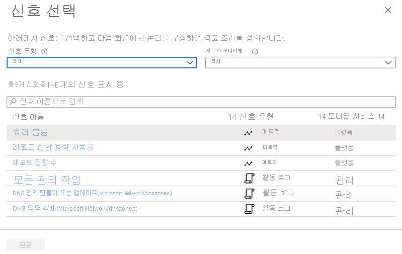 Screenshot of available metrics on the select a signal page.