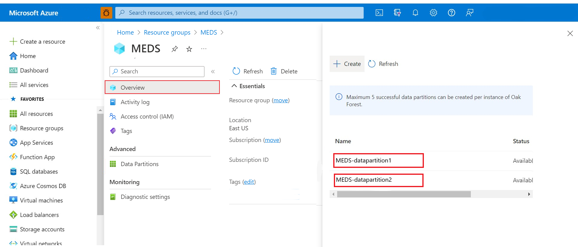 데이터 파티션이 포함된 Azure Data Manager for Energy 인스턴스 개요 페이지에서 data-partition-id를 찾는 것을 보여 주는 스크린샷.