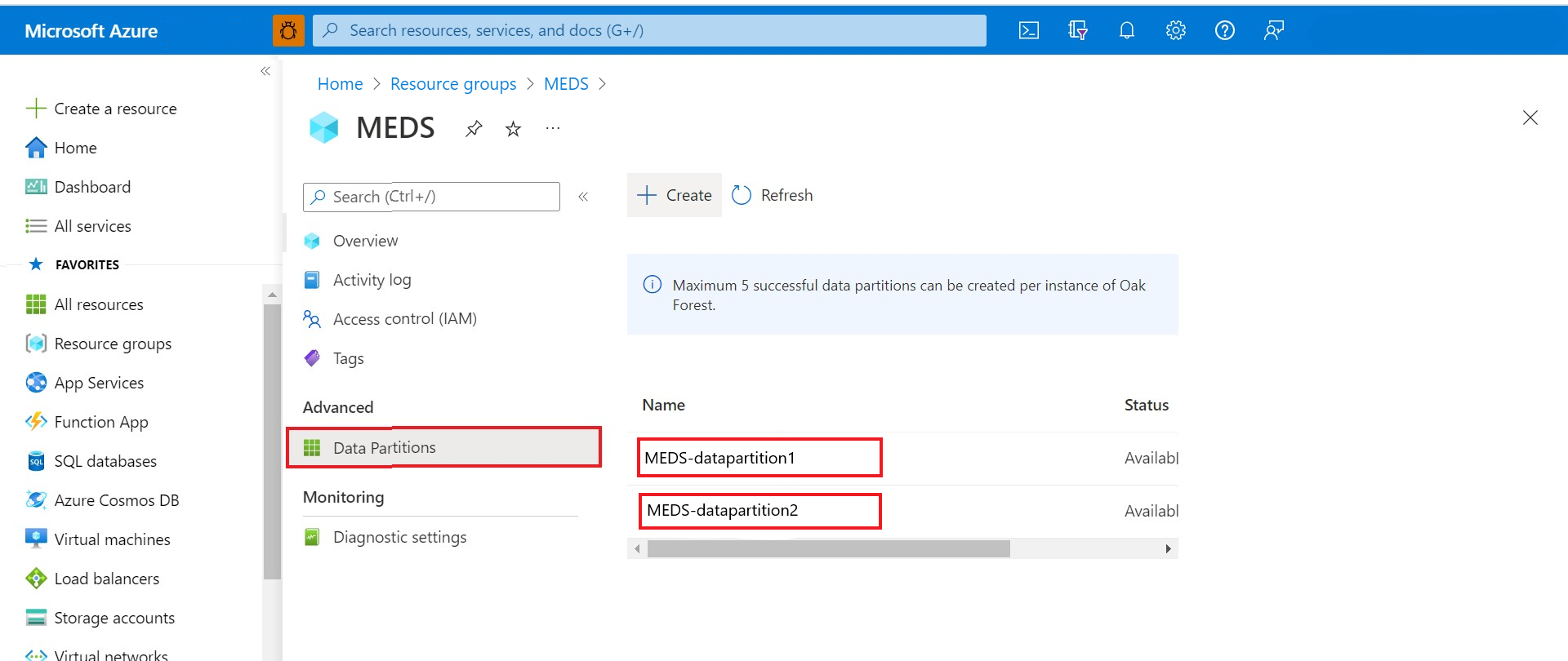 Azure Data Manager for Energy 인스턴스에서 data-partition-id를 찾는 것을 보여 주는 스크린샷.