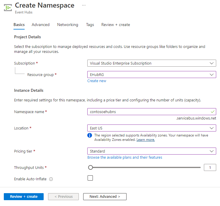 Azure Portal의 네임스페이스 만들기 페이지 스크린샷