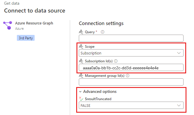 범위, 구독 ID 및 $resultTruncated에 대한 선택적 설정을 사용하는 쿼리에 대한 Power BI 서비스 Azure Resource Graph 대화 상자의 스크린샷.