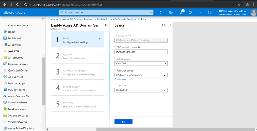 Microsoft Entra Domain Services 기본 세부 정보입니다.