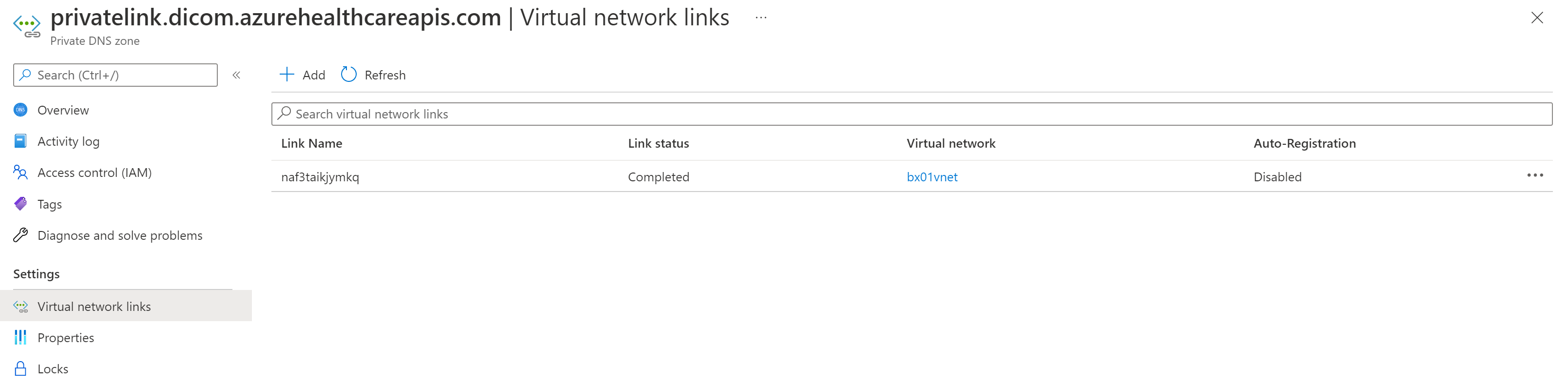 Private Link 가상 네트워크 링크 DICOM의 이미지를 보여 주는 스크린샷.