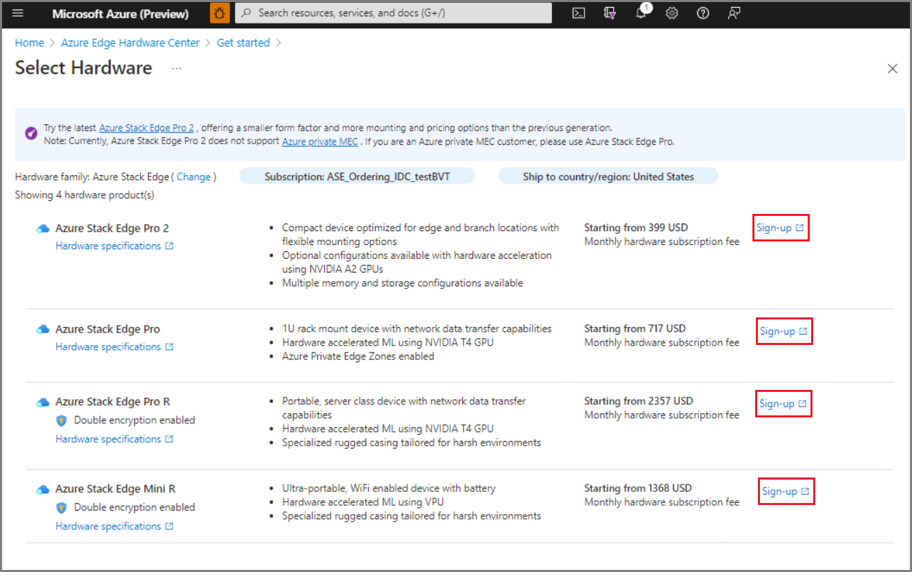 최초 고객 Azure Stack Edge 하드웨어 주문을 위한 웹 양식 스크린샷. 제품의 등록 버튼이 강조 표시되어 있습니다.