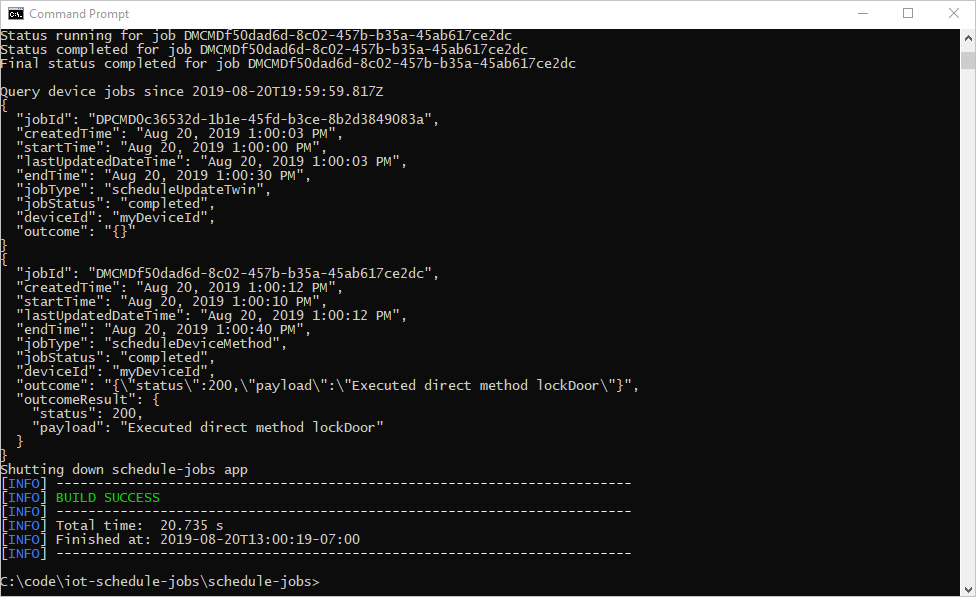 Java IoT Hub 서비스 앱에서 두 개의 작업을 작성함