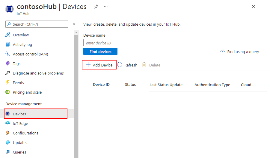 Azure Portal에서 새 디바이스를 추가하는 방법을 보여 주는 스크린샷.