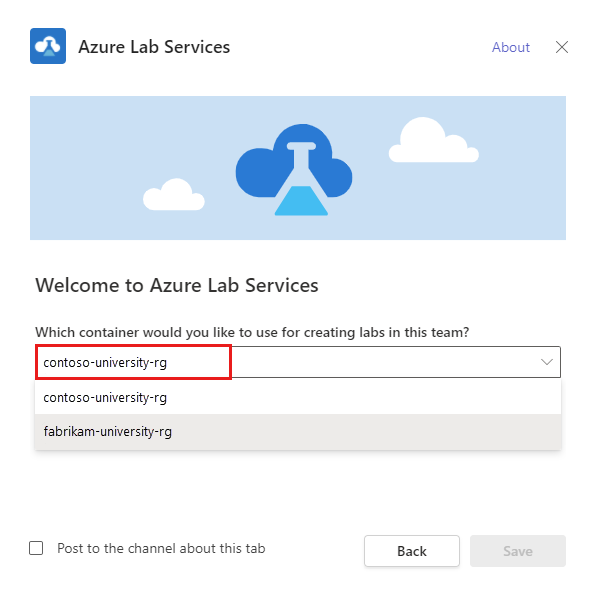 랩 계획에 대한 리소스 그룹을 선택하기 위한 Azure Lab Services 대화 상자를 보여 주는 스크린샷.