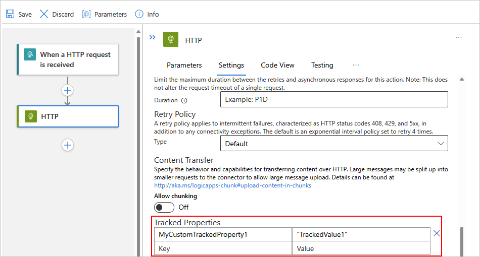 Azure Portal, 표준 워크플로용 디자이너 및 추적된 속성이 있는 HTTP 작업을 보여 주는 스크린샷