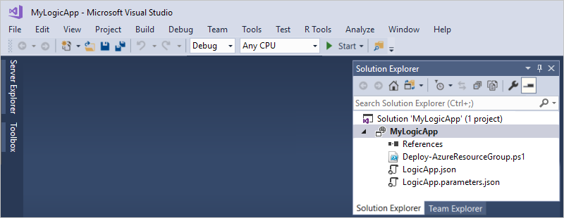 스크린샷은 새 논리 앱 솔루션 및 배포 파일의 솔루션 탐색기 보여줍니다.