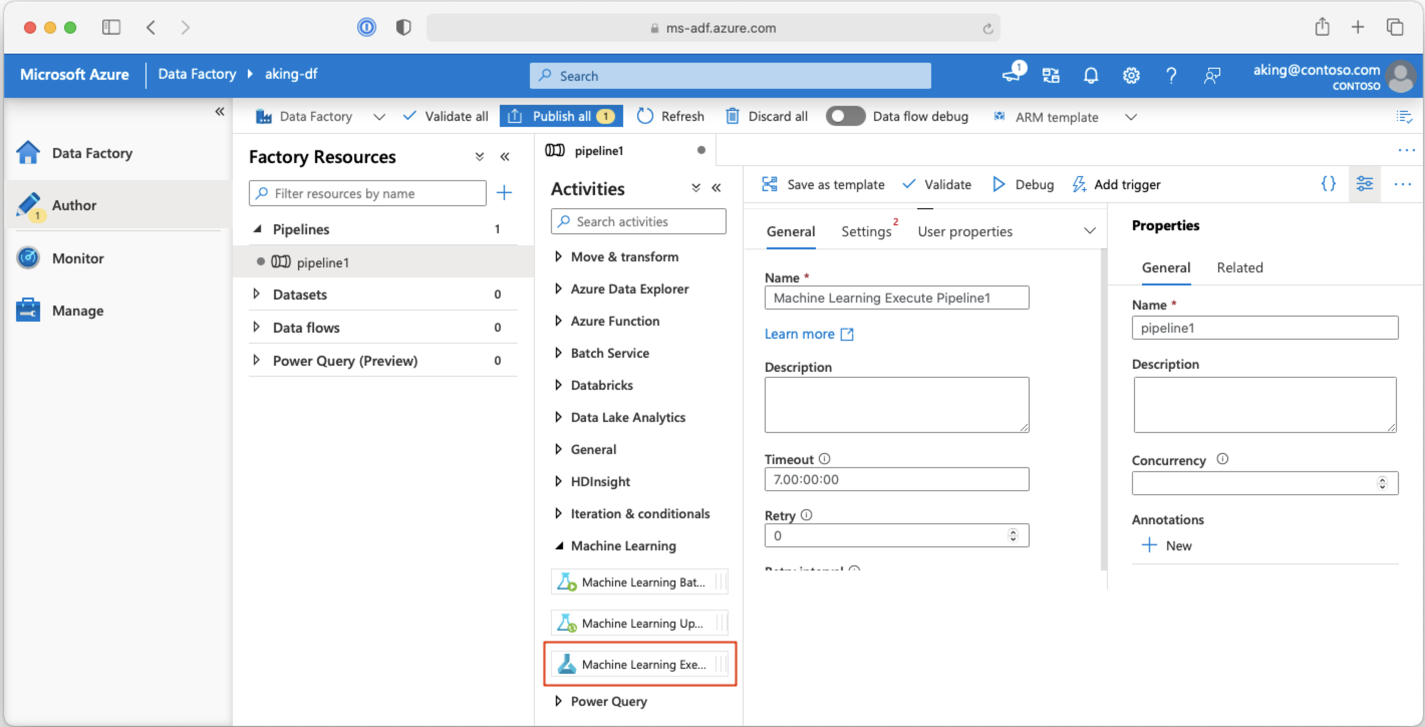 Azure Data Factory 제작 환경의 ML 파이프라인 작업을 보여 주는 스크린샷.