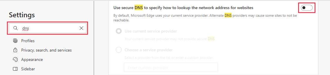 Microsoft Edge의 보안 DNS 사용 설정 스크린샷.