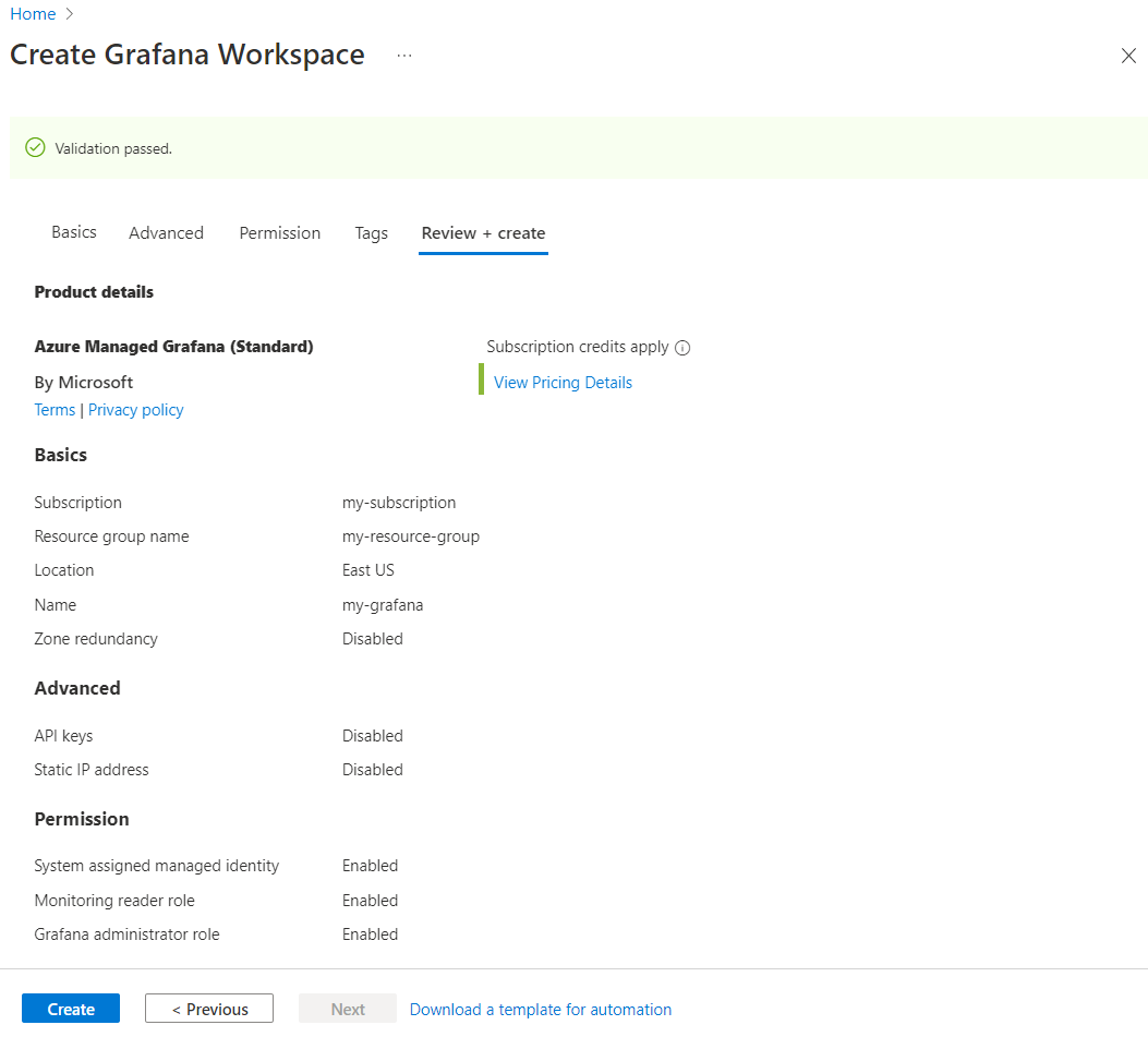 Screenshot of the Azure portal. Create workspace form. Validation.