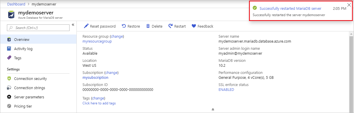 Azure Database for MariaDB - 다시 시작 성공