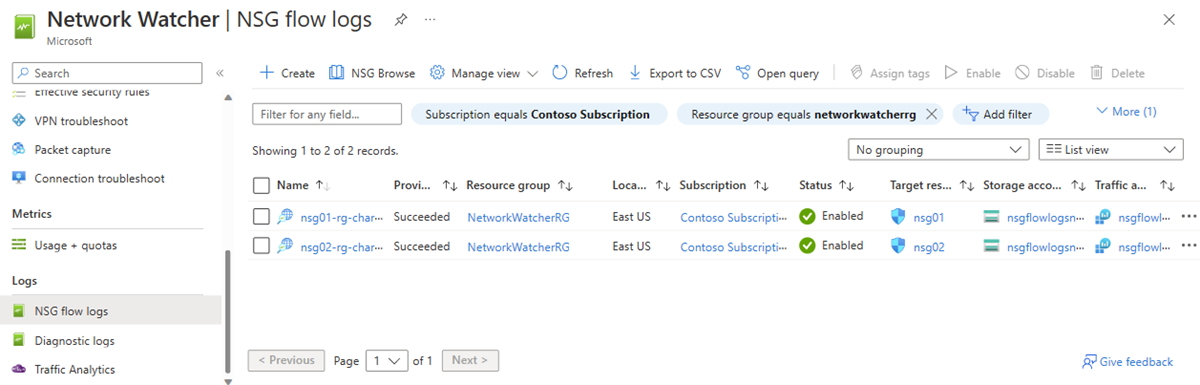 Azure Portal의 Network Watcher NSG 흐름 로그 페이지를 보여 주는 스크린샷.