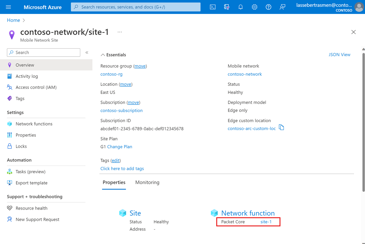 패킷 코어 필드를 보여 주는 Azure Portal 스크린샷