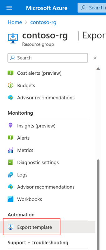 Screenshot of the Azure portal showing the resource menu Export template option.