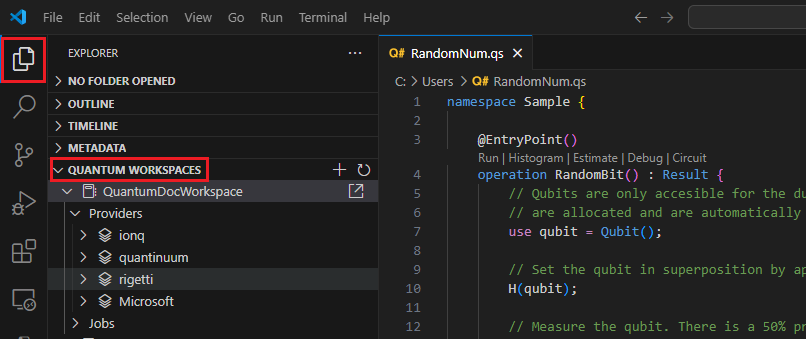 Quantum 작업 영역 창을 확장하는 방법을 보여 주는 Visual Studio Code의 스크린샷