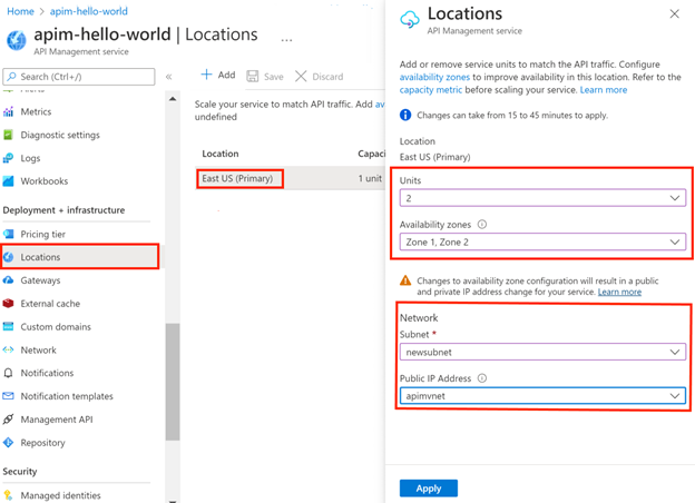 가상 네트워크에 삽입된 API Management 인스턴스의 기존 위치를 마이그레이션하기 위한 선택 사항을 보여 주는 스크린샷.