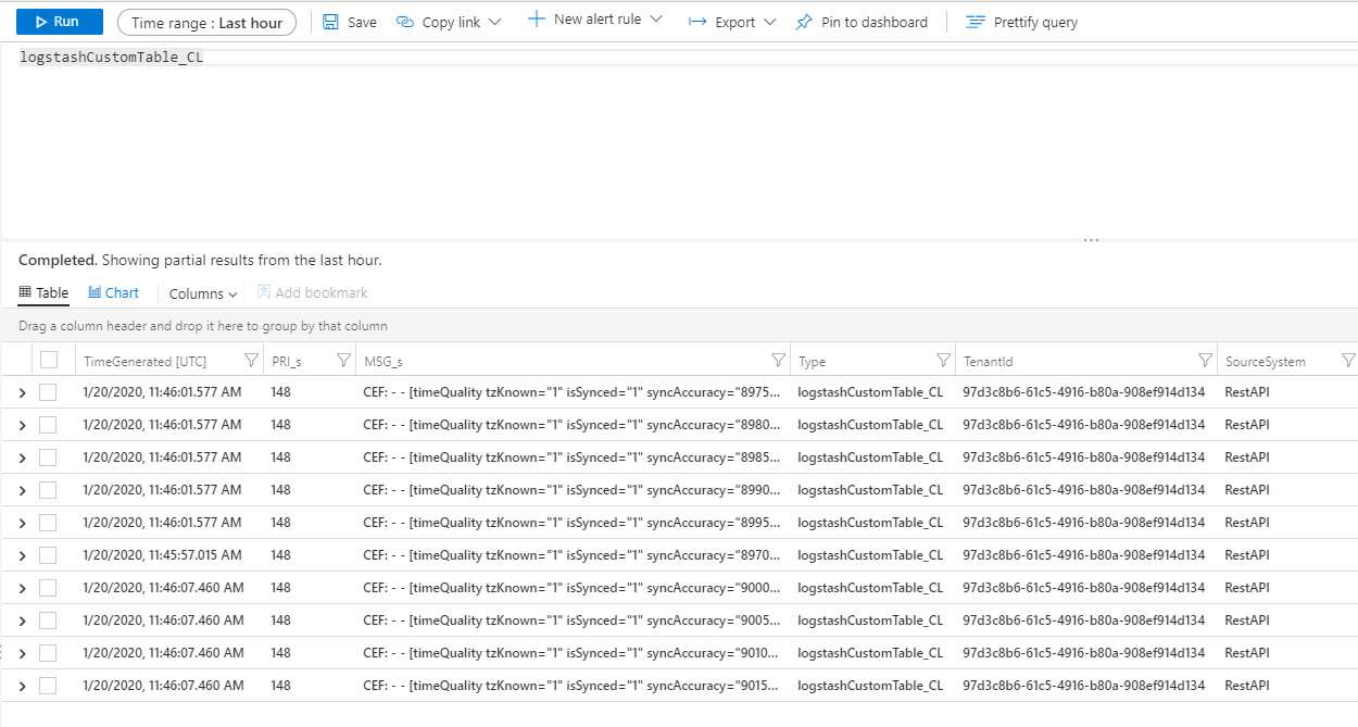 Logstash 사용자 지정 로그 쿼리 스크린샷.