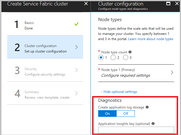 클러스터를 만들기 위해 포털에서 Azure Diagnostics 설정