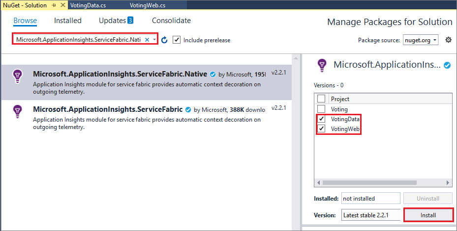 NuGet의 Application Insights SDK를 보여 주는 스크린샷.