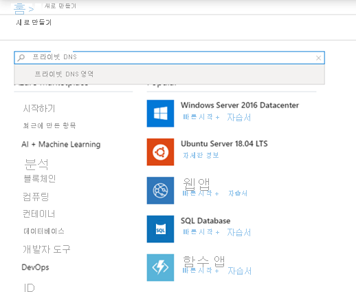 Azure Portal의 새 리소스 페이지에서 '프라이빗 DNS 영역'을 검색하는 방법을 표시합니다.