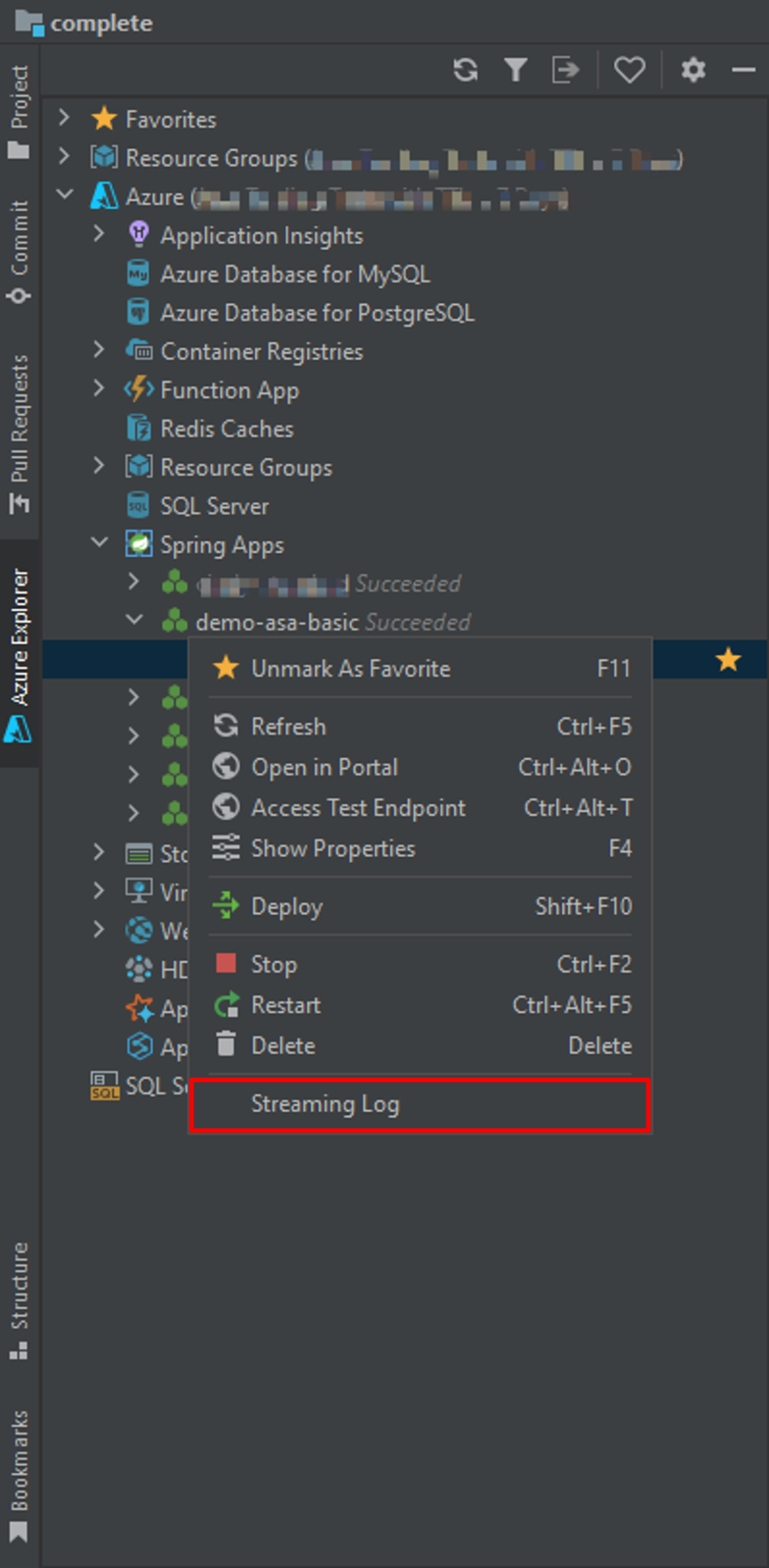 스트리밍 로그 옵션이 강조 표시된 IntelliJ IDEA 상황에 맞는 메뉴의 스크린샷