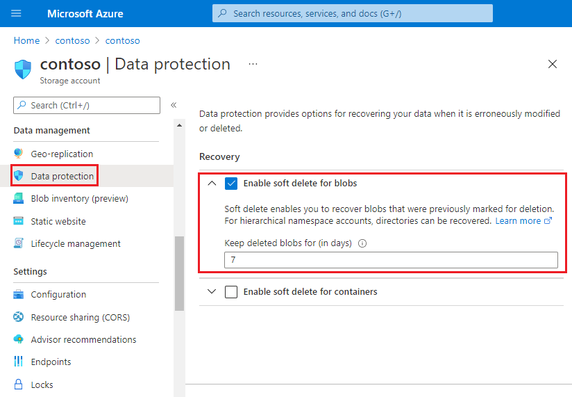 Azure Portal에서 계층 구조 네임스페이스가 있는 계정으로 일시 삭제를 사용하도록 설정하는 방법을 보여 주는 스크린샷.