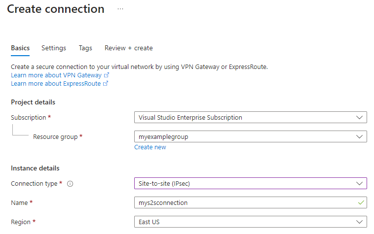 Azure Portal을 사용하여 사이트 대 사이트 VPN 연결을 만드는 방법을 보여 주는 스크린샷.