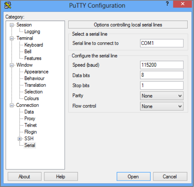 PuTTY 직렬 구성의 스크린샷