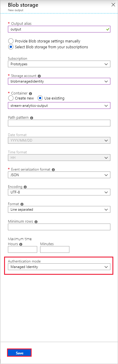 Azure Blob Storage 출력 구성