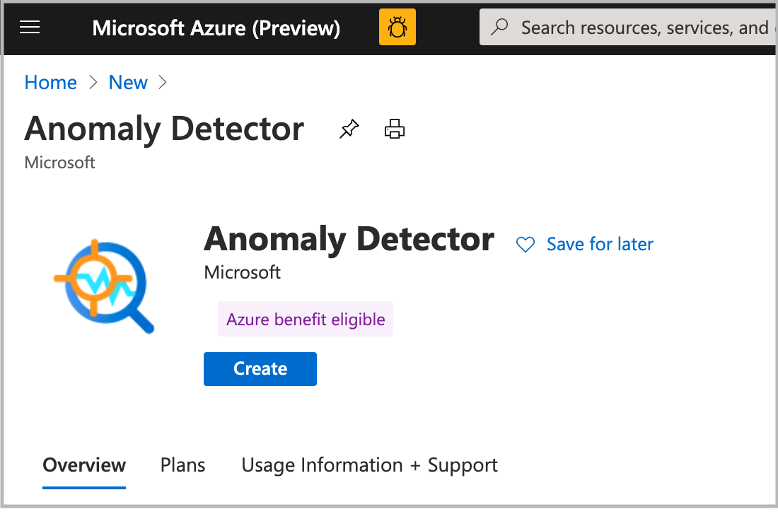 Screenshot that shows Anomaly Detector in the portal, with the Create button.