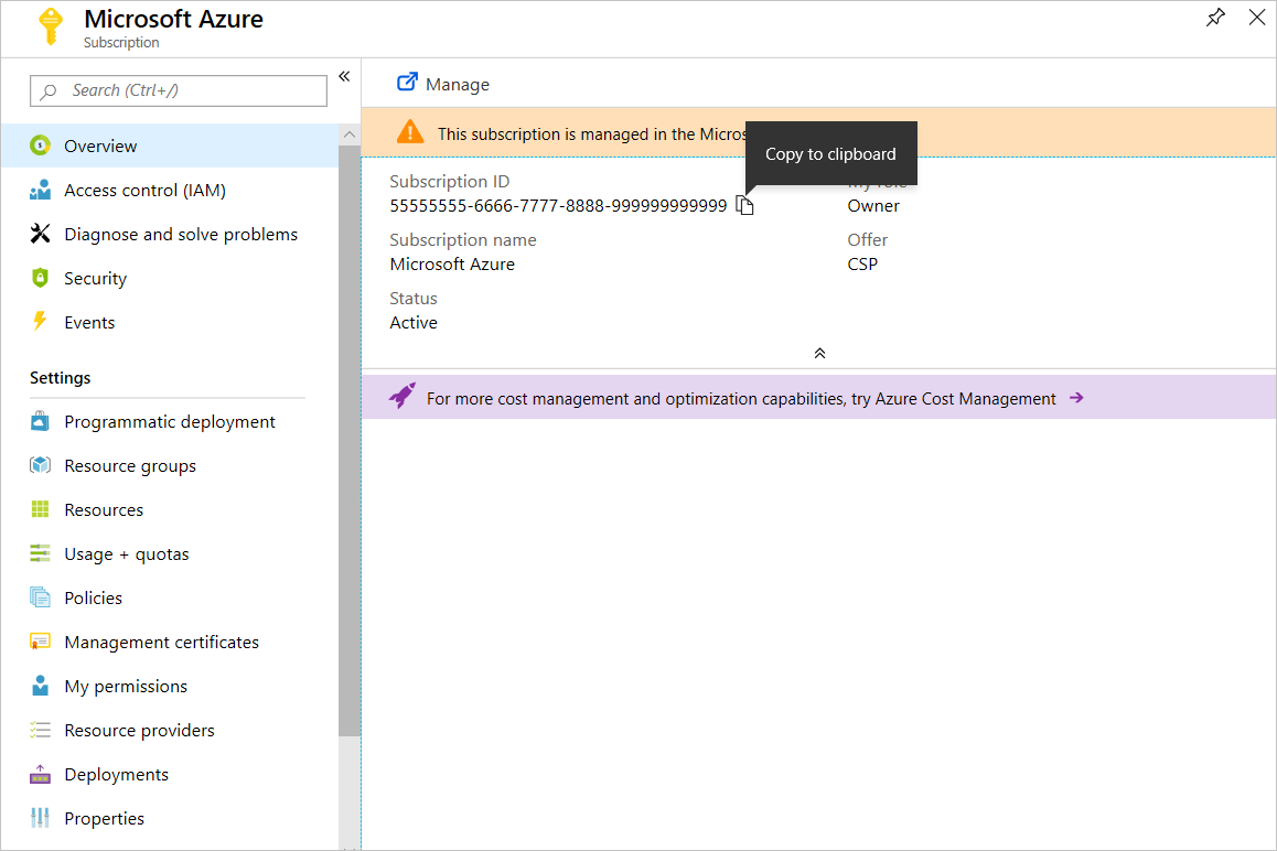 Azure 구독 속성 스크린샷. 복사하여 붙여넣을 