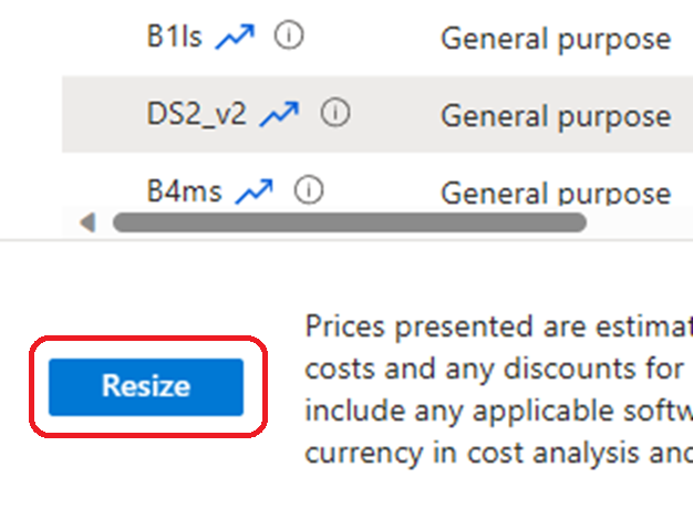 Azure Portal의 크기 조정 단추 스크린샷