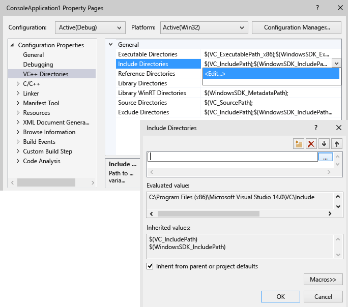 VC 및 디렉터리에 대한 Visual Studio 프로젝트 속성 페이지의 스크린샷.