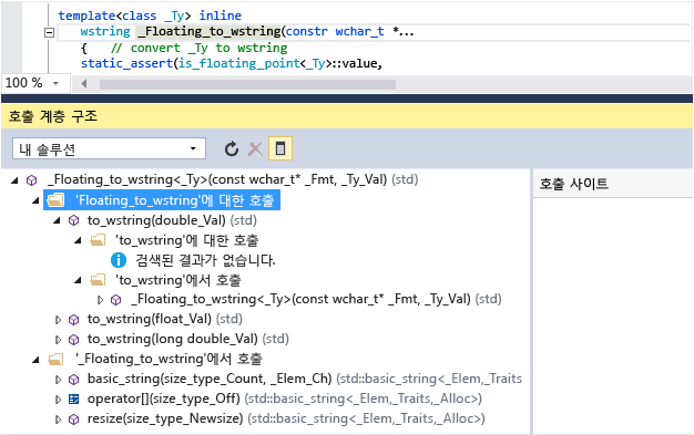 Screenshot of the Call Hierarchy window which shows calls to and from Floating_to_wstring(). For example, to_wstring() calls Floating_to_wstring().