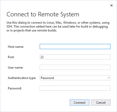호스트 이름, 포트, 사용자 이름, 인증 형식, 암호의 텍스트 상자가 있는 원격 시스템에 연결 창을 보여 주는 스크린샷
