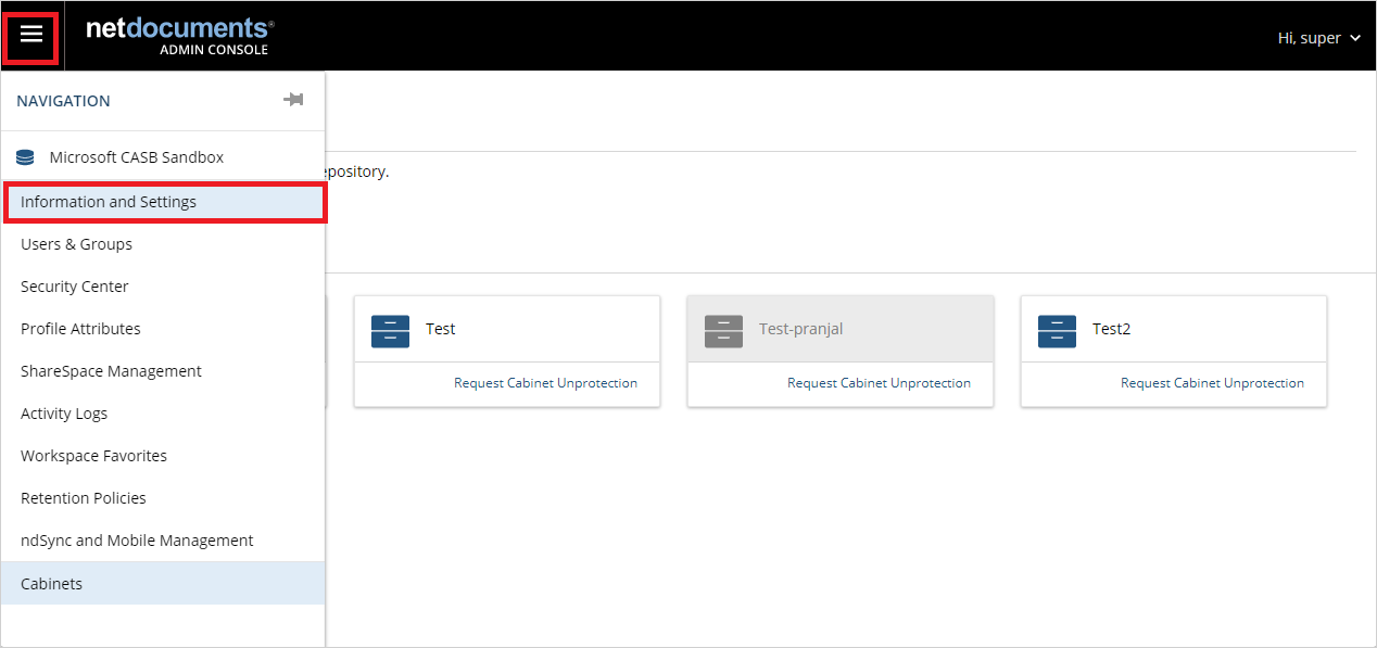 Enter the NetDocuments information and settings section.