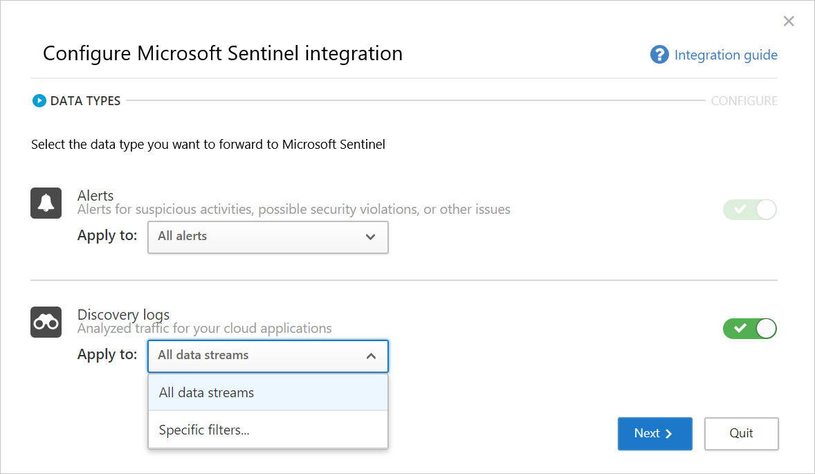 Microsoft Sentinel 통합 구성의 시작 페이지를 보여 주는 스크린샷